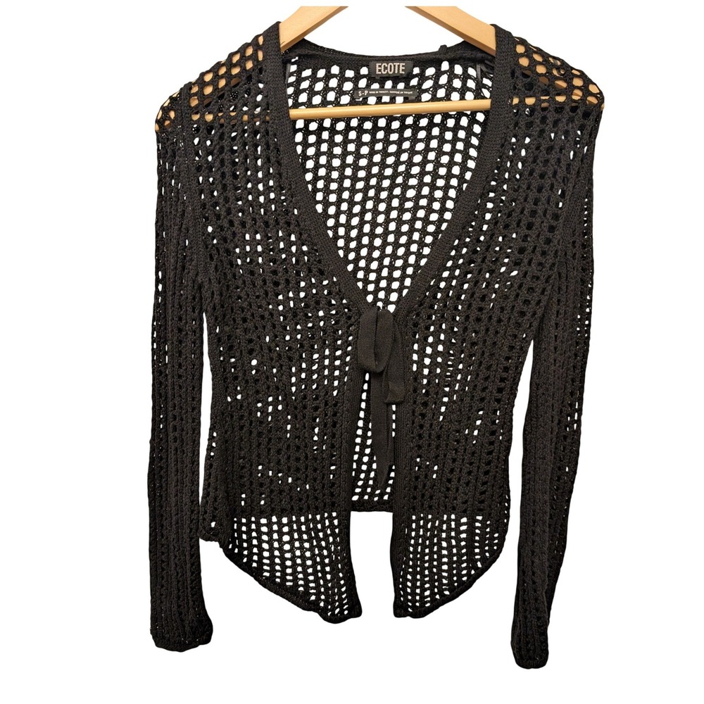 Ecote Black Crochet Knit Tie Front Long Sleeve Cardigan Sweater Women Size S - Picture 1 of 4
